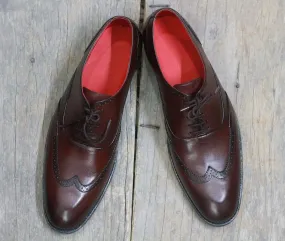 Handmade Men's Brown Wing Tip Leather Lace Up Shoes, Men Designer Dress Formal Luxury Shoes