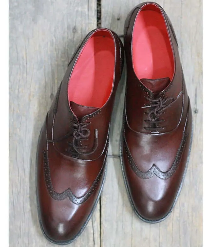 Handmade Men's Brown Wing Tip Leather Lace Up Shoes, Men Designer Dress Formal Luxury Shoes