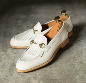 New Stylish Men's Handmade White Leather Fringed & Buckle Fashion Dress Shoes